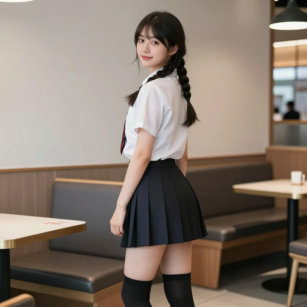 咖啡馆里的校服少女主题图片 0111，杰作，最佳画质，极致细节，照片级写实 , 高细节服装展示风格