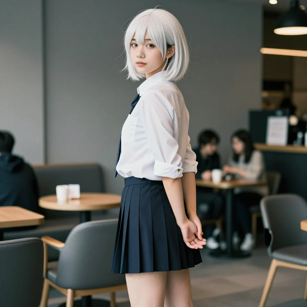 银发少女的咖啡馆时光主题图片 0302，杰作，最佳画质，极致细节，照片级写实 , 轻胶片漫展摄影风格