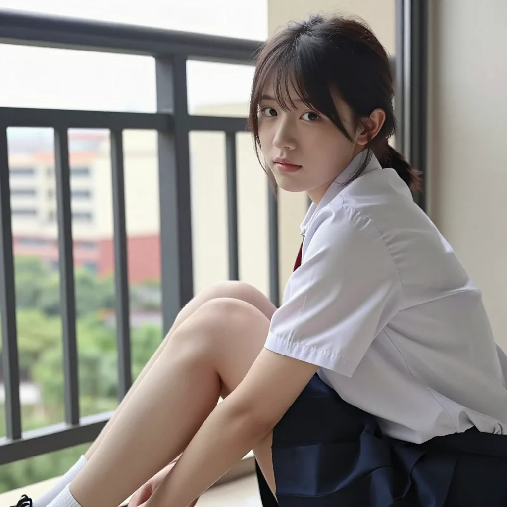 窗边的校服少女主题图片 0353，杰作，最佳画质，极致细节，照片级写实 , 现场氛围感抓拍风格