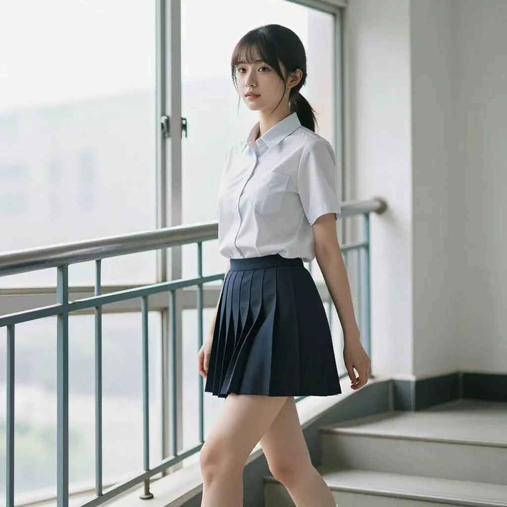 窗边的校服少女主题图片 0355，杰作，最佳画质，极致细节，照片级写实 , 现场氛围感抓拍风格