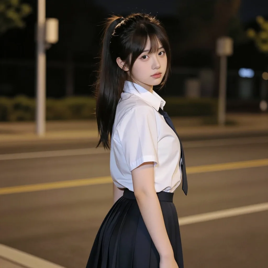夜色下的校服少女主题图片 0404，杰作，最佳画质，极致细节，照片级写实 , 清新角色私摄风格