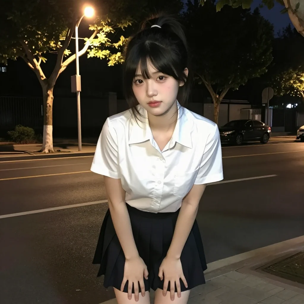 夜色下的校服少女主题图片 0405，杰作，最佳画质，极致细节，照片级写实 , 清新角色私摄风格