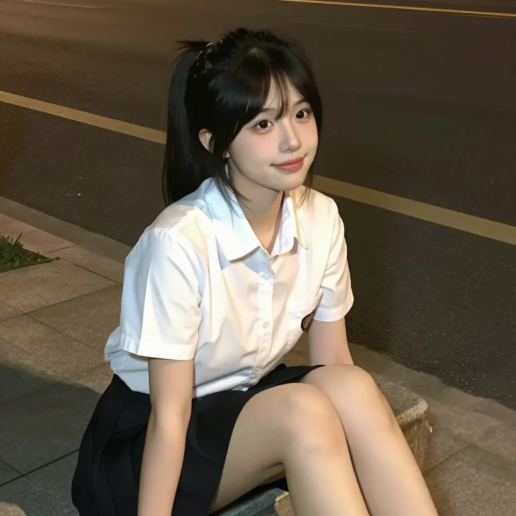 夜色下的校服少女主题图片 0406，杰作，最佳画质，极致细节，照片级写实 , 清新角色私摄风格