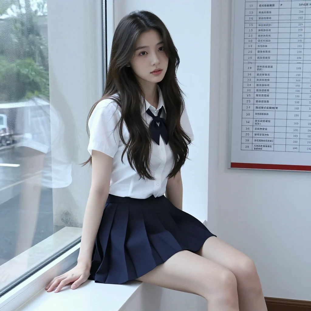 窗边的校园少女主题图片 0508，杰作，最佳画质，极致细节，照片级写实 , 窗边私房氛围风
