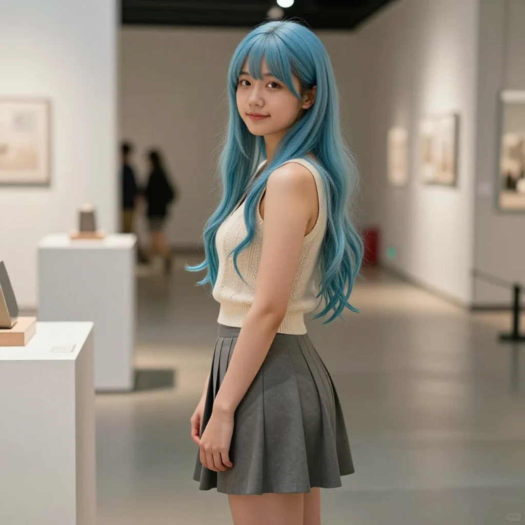 蓝发少女的美术馆时光主题图片 0529，杰作，最佳画质，极致细节，照片级写实 , 电影感角色摄影风格