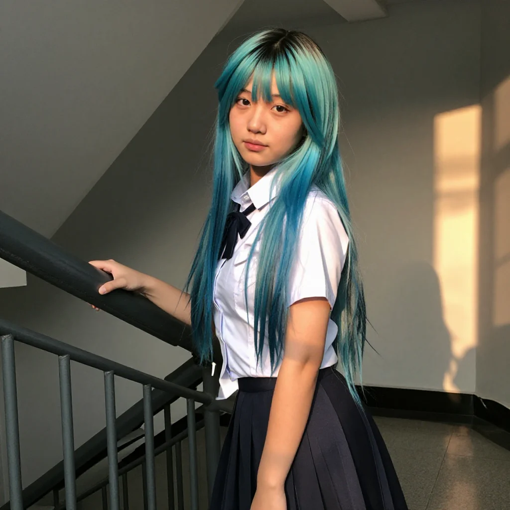 蓝发少女的校园午后主題圖片 0544，杰作，最佳画质，极致细节，照片级写实 , 轻胶片漫展摄影风格