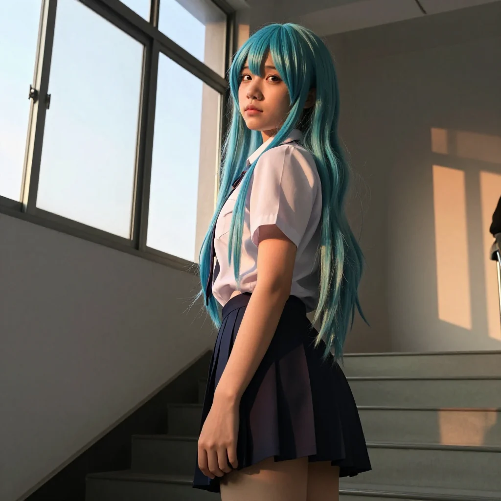 蓝发少女的校园午后主題圖片 0545，杰作，最佳画质，极致细节，照片级写实 , 轻胶片漫展摄影风格