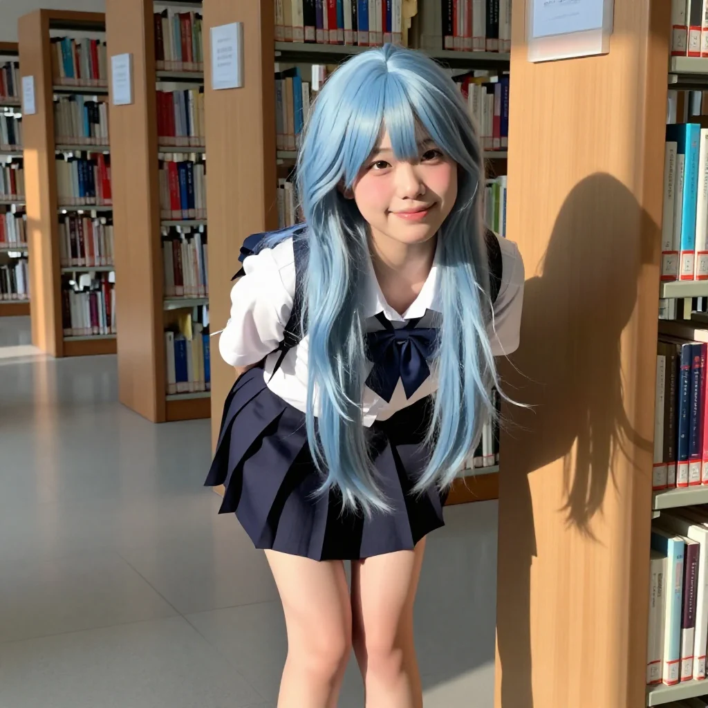 图书馆里的蓝发学姐主题图片 0612，杰作，最佳画质，极致细节，照片级写实 , 展馆自然光写真风格