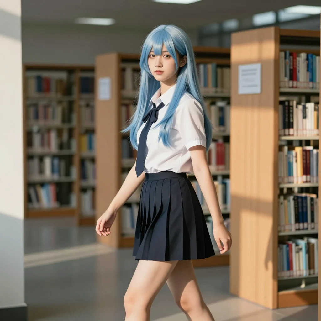 图书馆里的蓝发学姐主题图片 0614，杰作，最佳画质，极致细节，照片级写实 , 展馆自然光写真风格