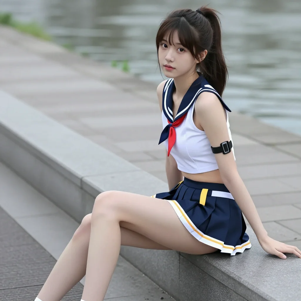 水边的制服少女主题图片 0696，杰作，最佳画质，极致细节，照片级写实 , 路人视角摄影风格
