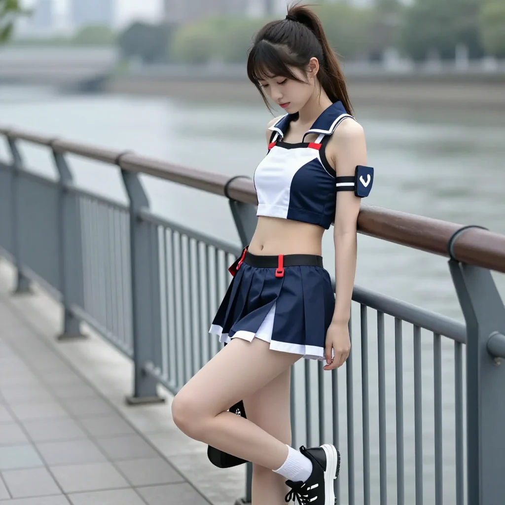 水边的制服少女主题图片 0697，杰作，最佳画质，极致细节，照片级写实 , 路人视角摄影风格