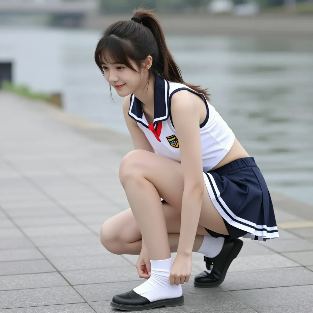 水边的制服少女主题图片 0698，杰作，最佳画质，极致细节，照片级写实 , 路人视角摄影风格