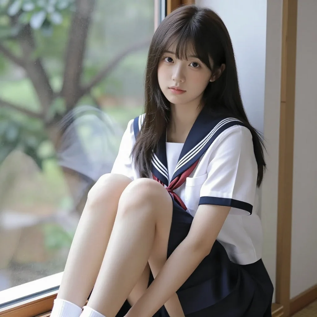 窗边的校园少女主題圖片 0728，杰作，最佳画质，极致细节，照片级写实 , 日系清新写真风格