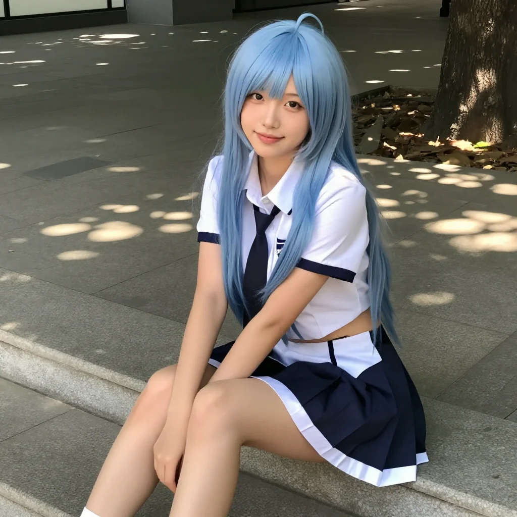 蓝发学姐的午后主题图片 0747，杰作，最佳画质，极致细节，照片级写实 , 展馆自然光写真风格