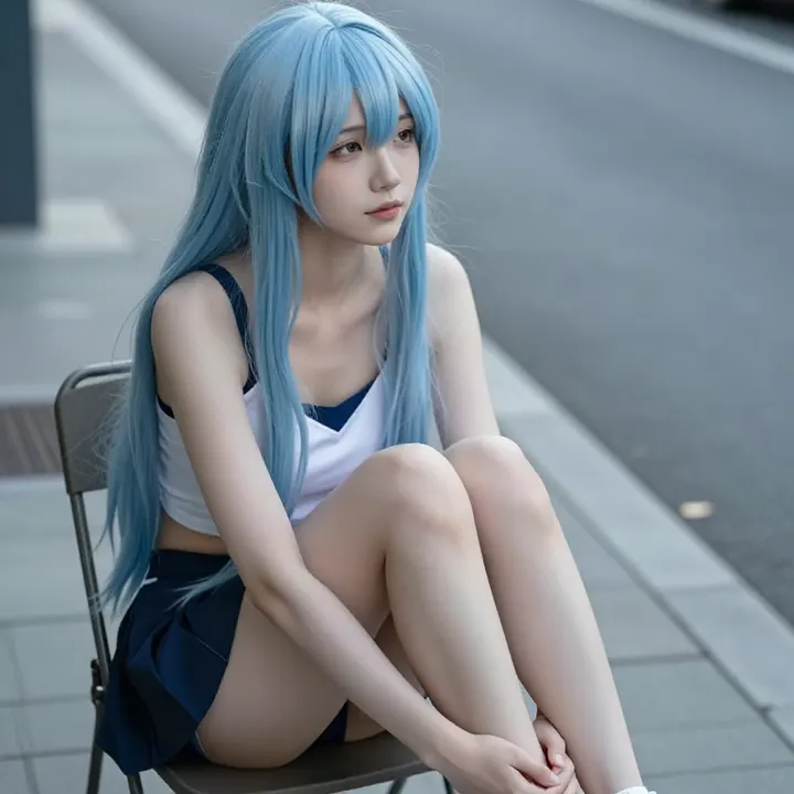 蓝发少女的校园日常主题图片 0029，杰作，最佳画质，极致细节，照片级写实 , 偶遇抓拍风格