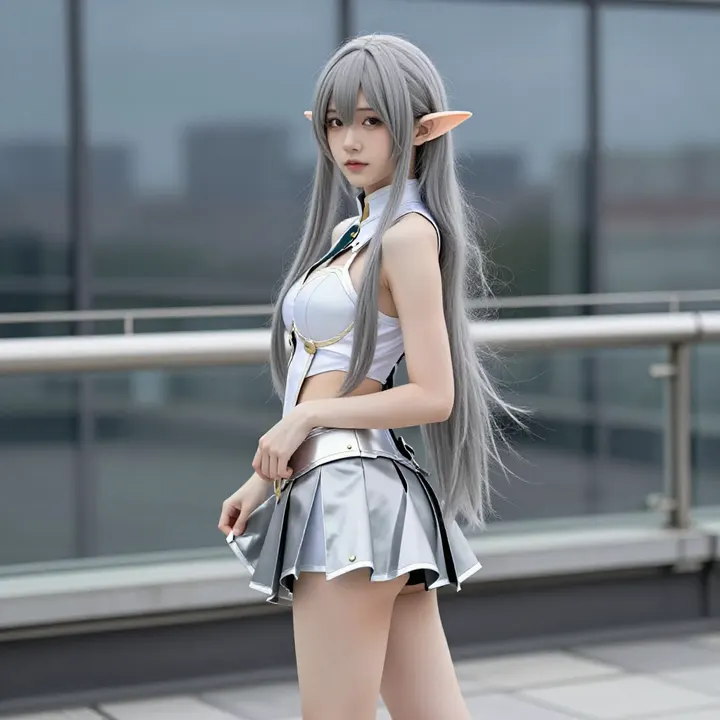 银发精灵少女的午后主题图片 0100，杰作，最佳画质，极致细节，照片级写实 , 角色扮演人像摄影风格