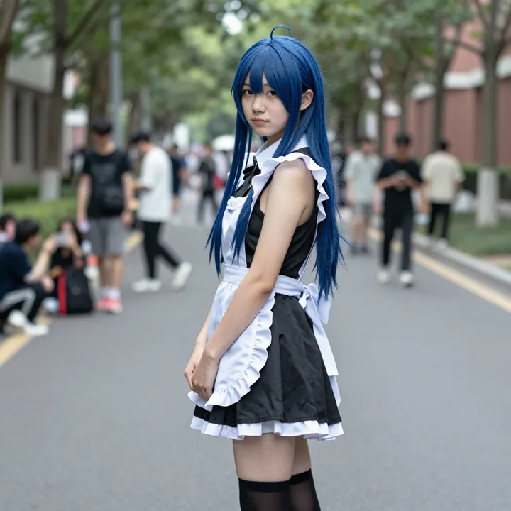 蓝发少女的校园日常主題圖片 0205，杰作，最佳画质，极致细节，照片级写实 , 轻胶片漫展摄影风格