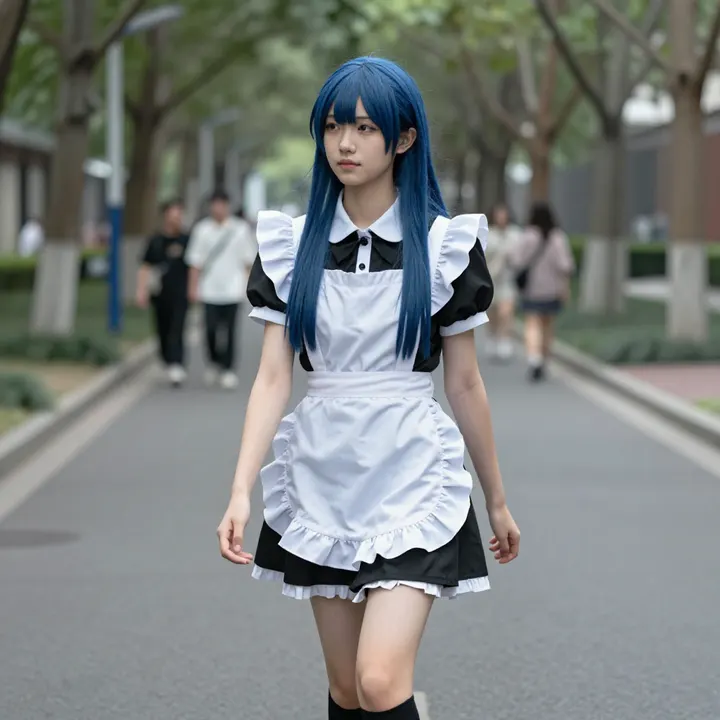 蓝发少女的校园日常主題圖片 0209，杰作，最佳画质，极致细节，照片级写实 , 轻胶片漫展摄影风格