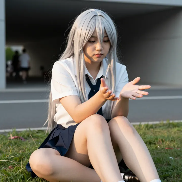 银发少女的校园日常主題圖片 0258，杰作，最佳画质，极致细节，照片级写实 , 动漫展抓拍风格