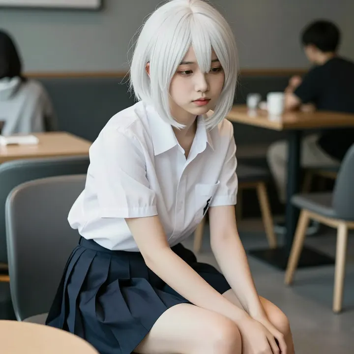 银发少女的咖啡馆时光主題圖片 0301，杰作，最佳画质，极致细节，照片级写实 , 轻胶片漫展摄影风格