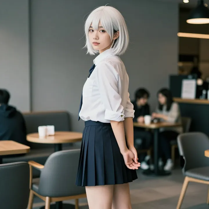 银发少女的咖啡馆时光主題圖片 0302，杰作，最佳画质，极致细节，照片级写实 , 轻胶片漫展摄影风格