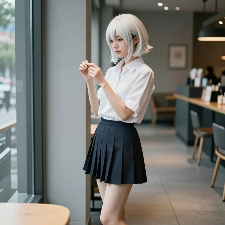 银发少女的咖啡馆时光主題圖片 0304，杰作，最佳画质，极致细节，照片级写实 , 轻胶片漫展摄影风格