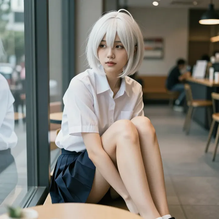 银发少女的咖啡馆时光主題圖片 0305，杰作，最佳画质，极致细节，照片级写实 , 轻胶片漫展摄影风格