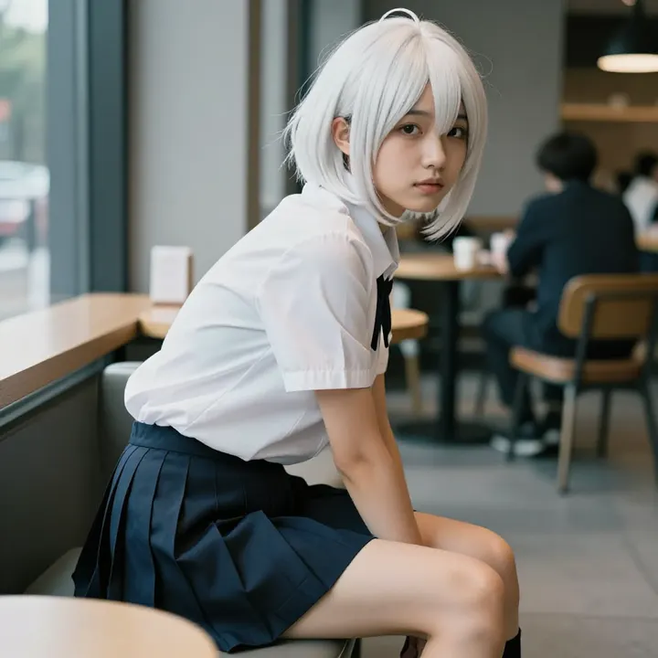 银发少女的咖啡馆时光主題圖片 0306，杰作，最佳画质，极致细节，照片级写实 , 轻胶片漫展摄影风格