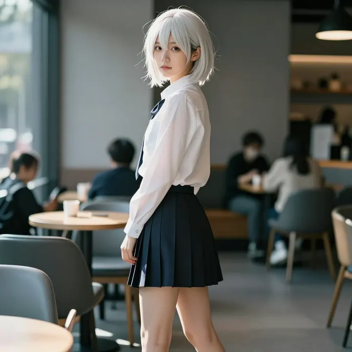 银发少女的咖啡馆时光主題圖片 0307，杰作，最佳画质，极致细节，照片级写实 , 轻胶片漫展摄影风格