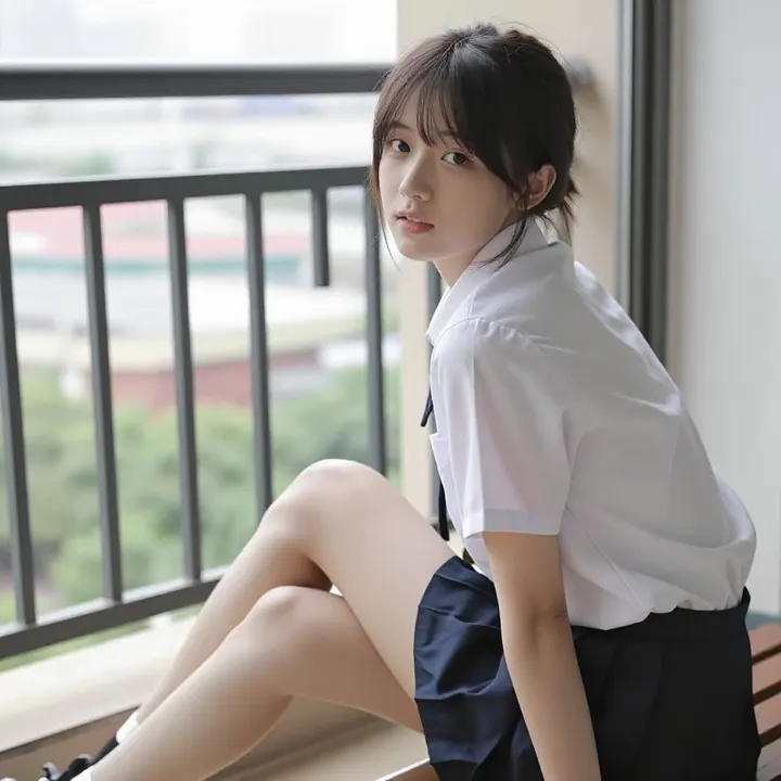 窗边的校服少女主题图片 0351，杰作，最佳画质，极致细节，照片级写实 , 现场氛围感抓拍风格