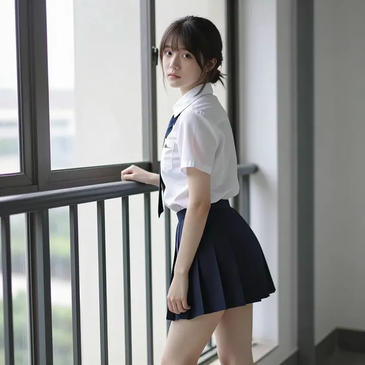 窗边的校服少女主题图片 0356，杰作，最佳画质，极致细节，照片级写实 , 现场氛围感抓拍风格