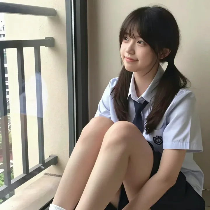 窗边的校服少女主题图片 0357，杰作，最佳画质，极致细节，照片级写实 , 现场氛围感抓拍风格