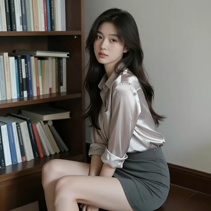 书架旁的温柔时刻主题图片 0385，杰作，最佳画质，极致细节，照片级写实 , 日系清新写真风格