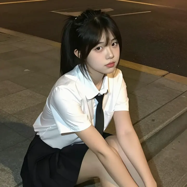 夜色下的校服少女主题图片 0401，杰作，最佳画质，极致细节，照片级写实 , 清新角色私摄风格