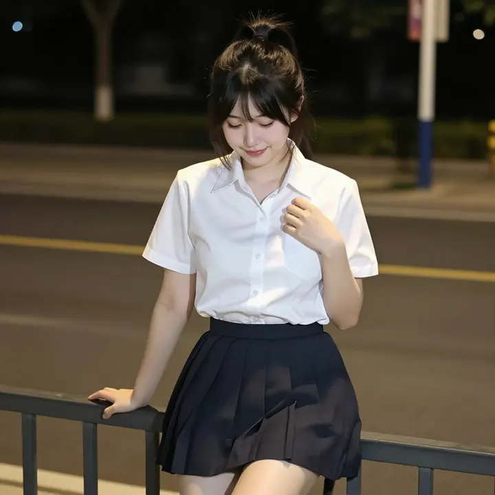 夜色下的校服少女主题图片 0407，杰作，最佳画质，极致细节，照片级写实 , 清新角色私摄风格