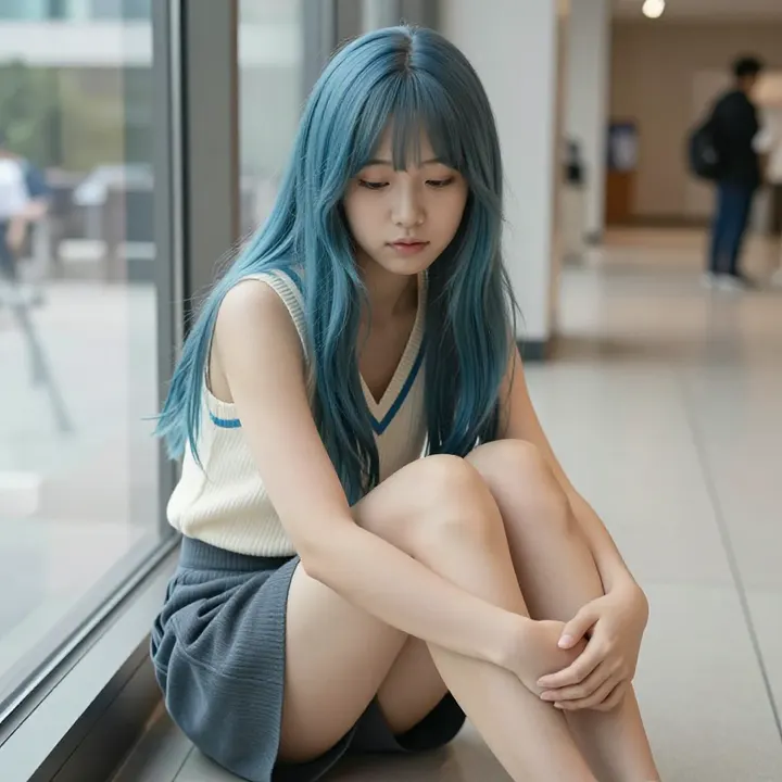 蓝发少女的美术馆时光主題圖片 0534，杰作，最佳画质，极致细节，照片级写实 , 电影感角色摄影风格