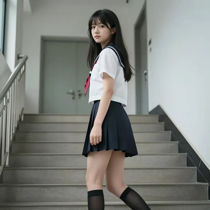 楼梯上的校服少女主题图片 0535，杰作，最佳画质，极致细节，照片级写实 , 日系动漫角色写真风格