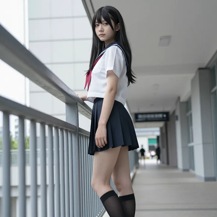 楼梯上的校服少女主题图片 0540，杰作，最佳画质，极致细节，照片级写实 , 日系动漫角色写真风格