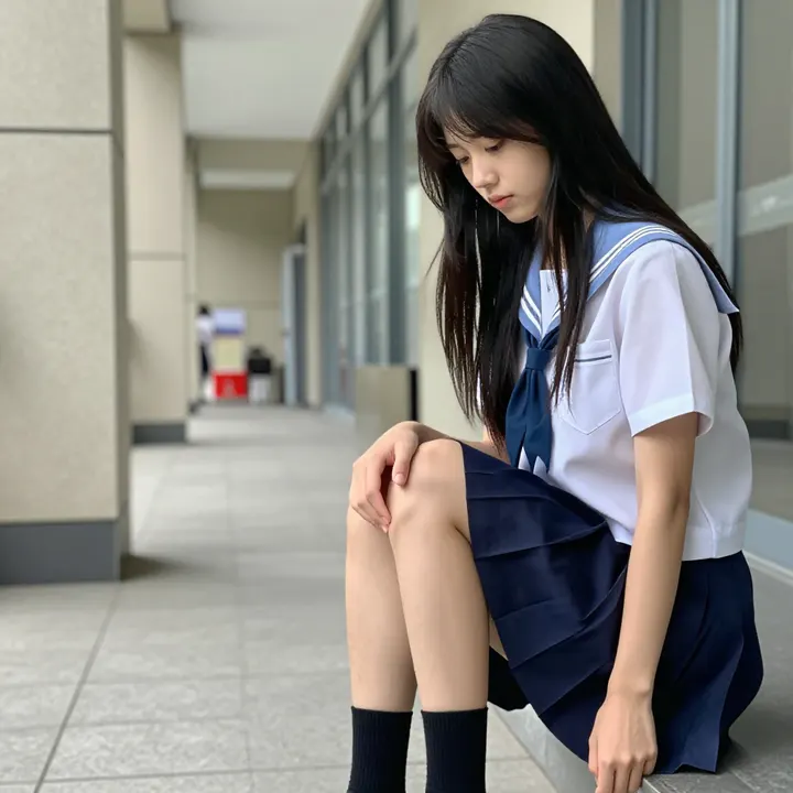 楼梯上的校服少女主题图片 0542，杰作，最佳画质，极致细节，照片级写实 , 日系动漫角色写真风格