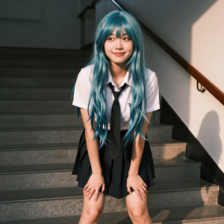 蓝发少女的校园午后主題圖片 0543，杰作，最佳画质，极致细节，照片级写实 , 轻胶片漫展摄影风格