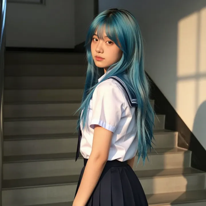 蓝发少女的校园午后主题图片 0546，杰作，最佳画质，极致细节，照片级写实 , 轻胶片漫展摄影风格