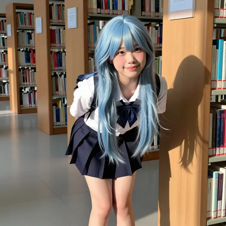 图书馆里的蓝发学姐主题图片 0612，杰作，最佳画质，极致细节，照片级写实 , 展馆自然光写真风格