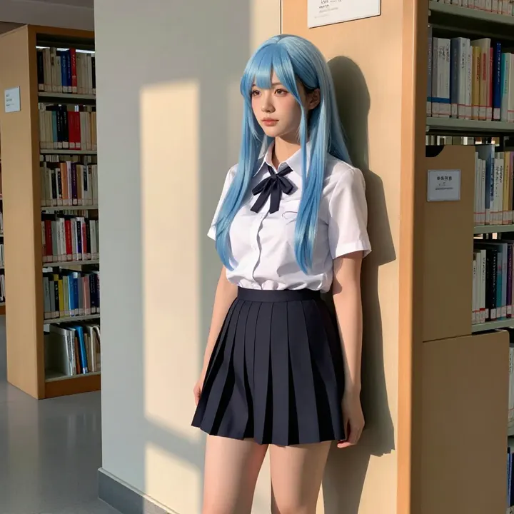 图书馆里的蓝发学姐主题图片 0615，杰作，最佳画质，极致细节，照片级写实 , 展馆自然光写真风格