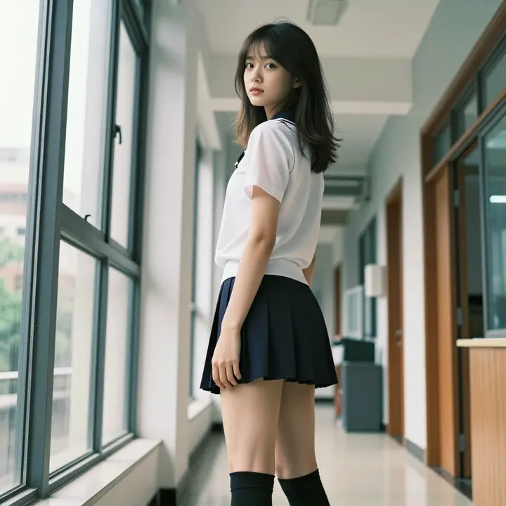 走廊里的青春日常主题图片 0630，杰作，最佳画质，极致细节，照片级写实 , 胶片质感摄影风格