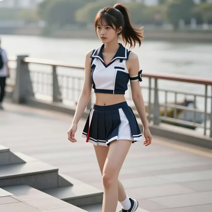 水边的制服少女主题图片 0699，杰作，最佳画质，极致细节，照片级写实 , 路人视角摄影风格