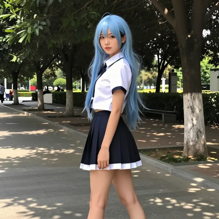 蓝发学姐的午后主題圖片 0743，杰作，最佳画质，极致细节，照片级写实 , 展馆自然光写真风格