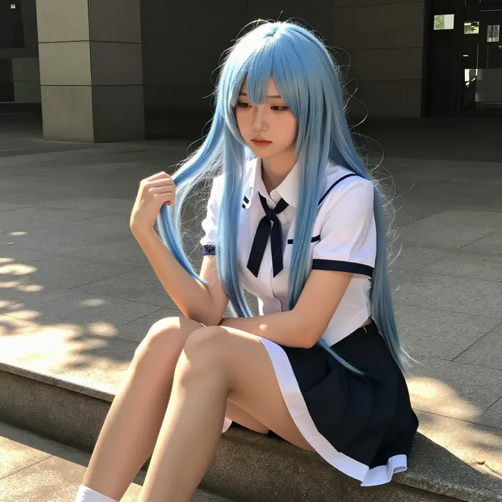 蓝发学姐的午后主題圖片 0744，杰作，最佳画质，极致细节，照片级写实 , 展馆自然光写真风格