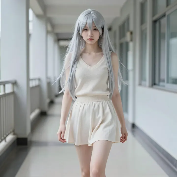 银发少女的走廊时光主题图片 0786，杰作，最佳画质，极致细节，照片级写实 , 清透漫展人像风格